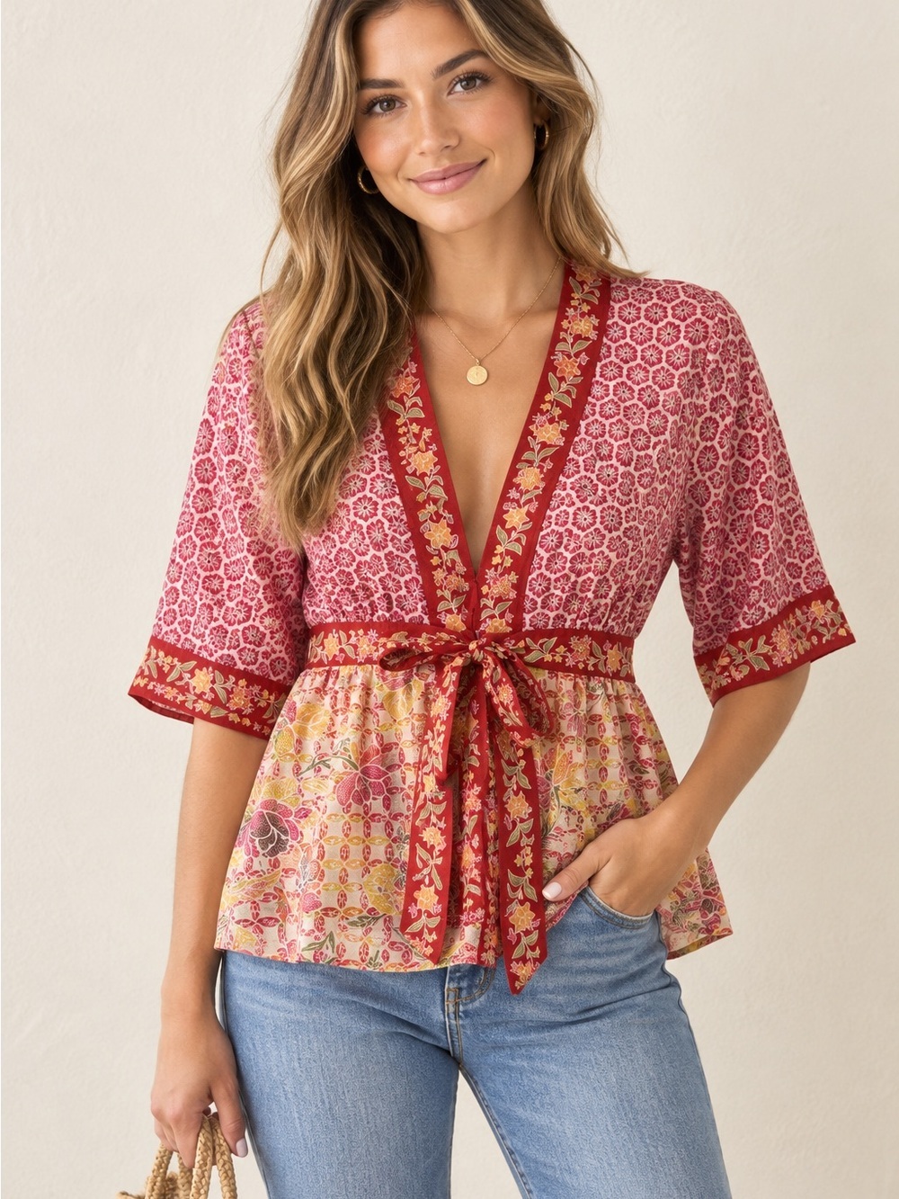 100 % Silk Red Pink Floral Tie-Front Peplum Top